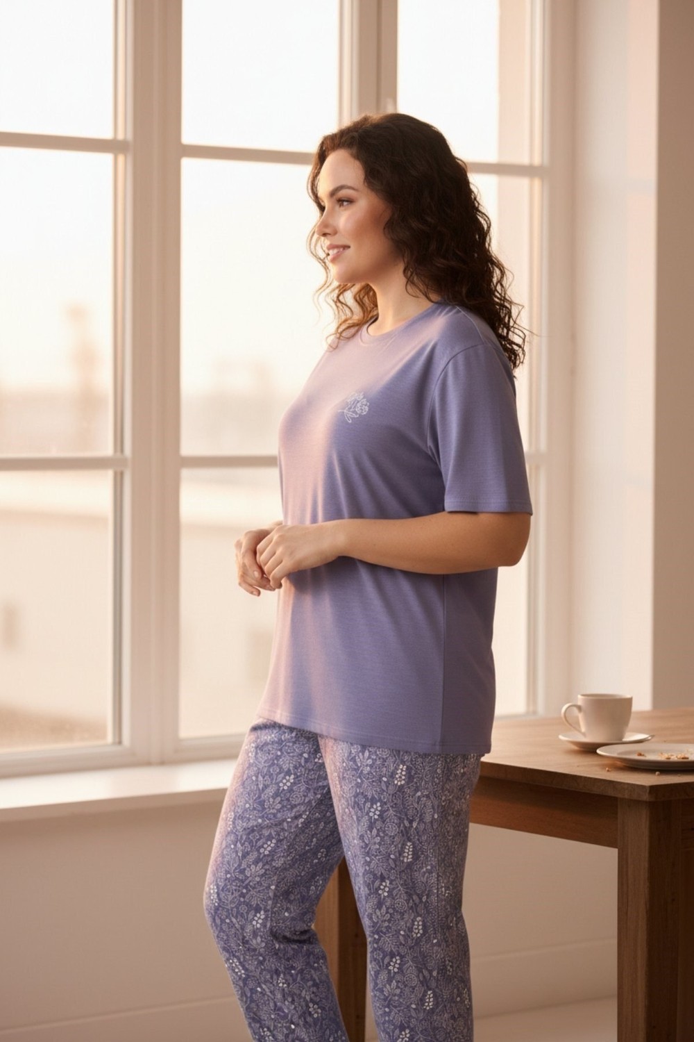 Pijapia Kadın Kısa Kollu Likralı Büyük Beden Kapri Pijama Takımı Açık Yeşil görsel 8