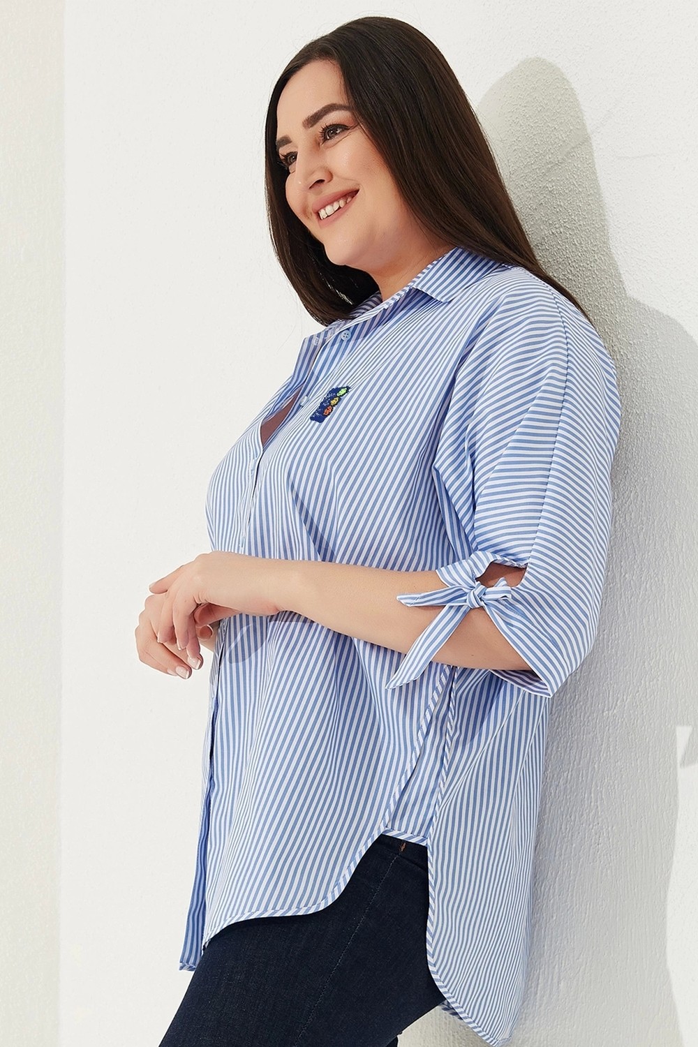Lady Majestic Kadın Büyük Beden Günlük Gömlek Çizgili Truvakar Kol Mavi Renk ile Şık Tasarım görsel 7