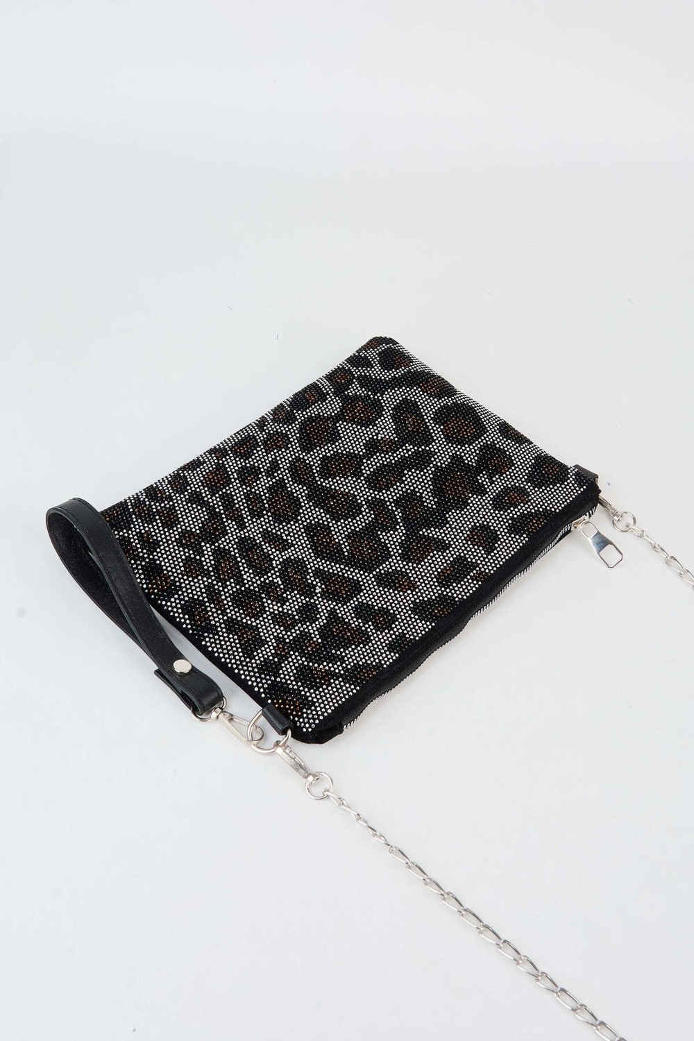 Vivaq Kadın Leopar Gümüş Taşlı Süet Bilek Askılı ve Zincir Askılı Portföy El ve Clutch Çanta görsel 2