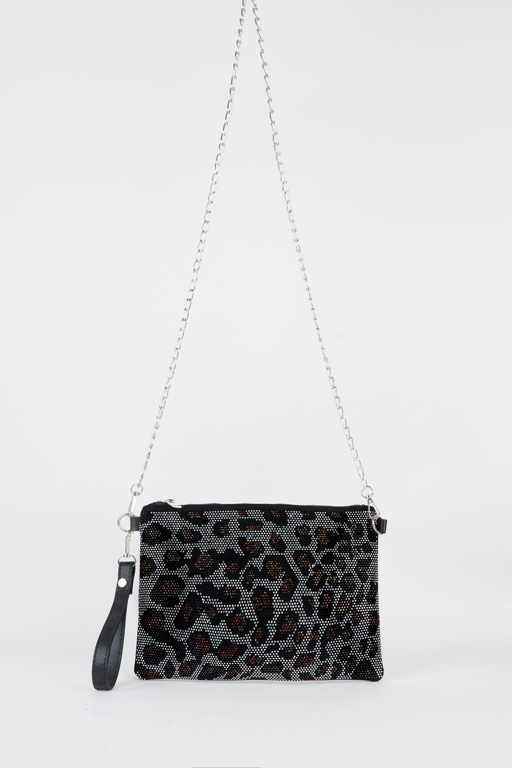 Vivaq Kadın Leopar Gümüş Taşlı Süet Bilek Askılı ve Zincir Askılı Portföy El ve Clutch Çanta görsel 4