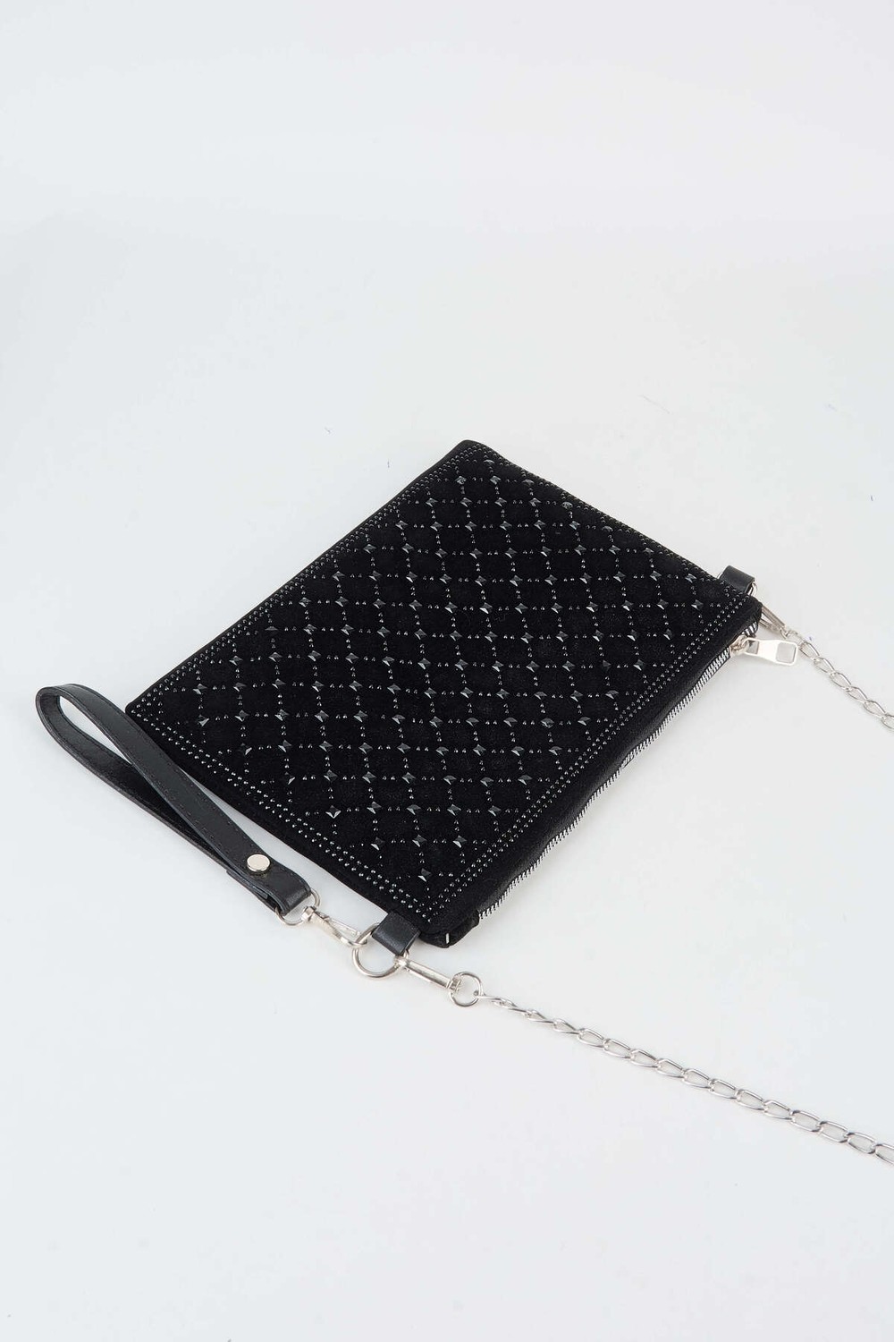 Vivaq Kadın Kapitone Siyah Taşlı Süet Bilek Askılı ve Zincir Askılı Portföy El ve Clutch Çanta