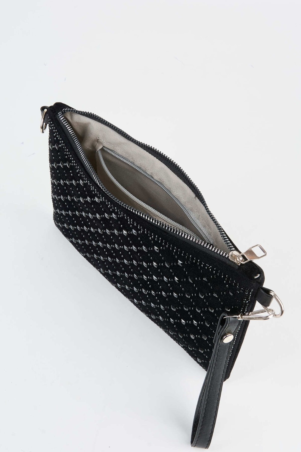 Vivaq Kadın Kapitone Siyah Taşlı Süet Bilek Askılı ve Zincir Askılı Portföy El ve Clutch Çanta görsel 4