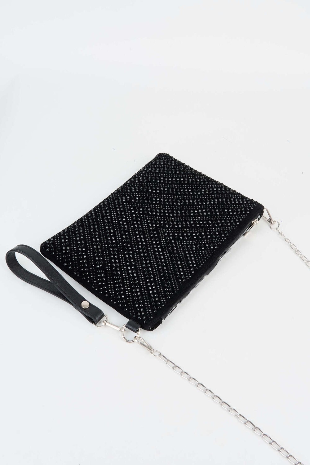 Vivaq Kadın V Desen Siyah Taşlı Süet Bilek Askılı ve Zincir Askılı Portföy El ve Clutch Çanta