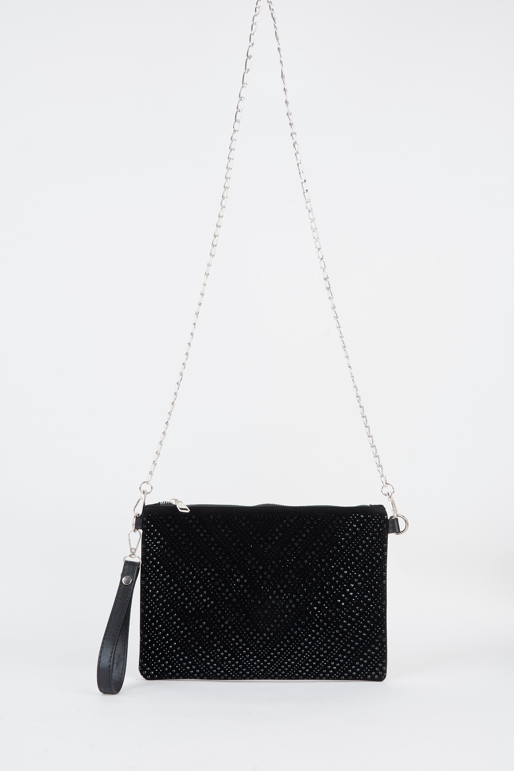 Vivaq Kadın V Desen Siyah Taşlı Süet Bilek Askılı ve Zincir Askılı Portföy El ve Clutch Çanta görsel 2