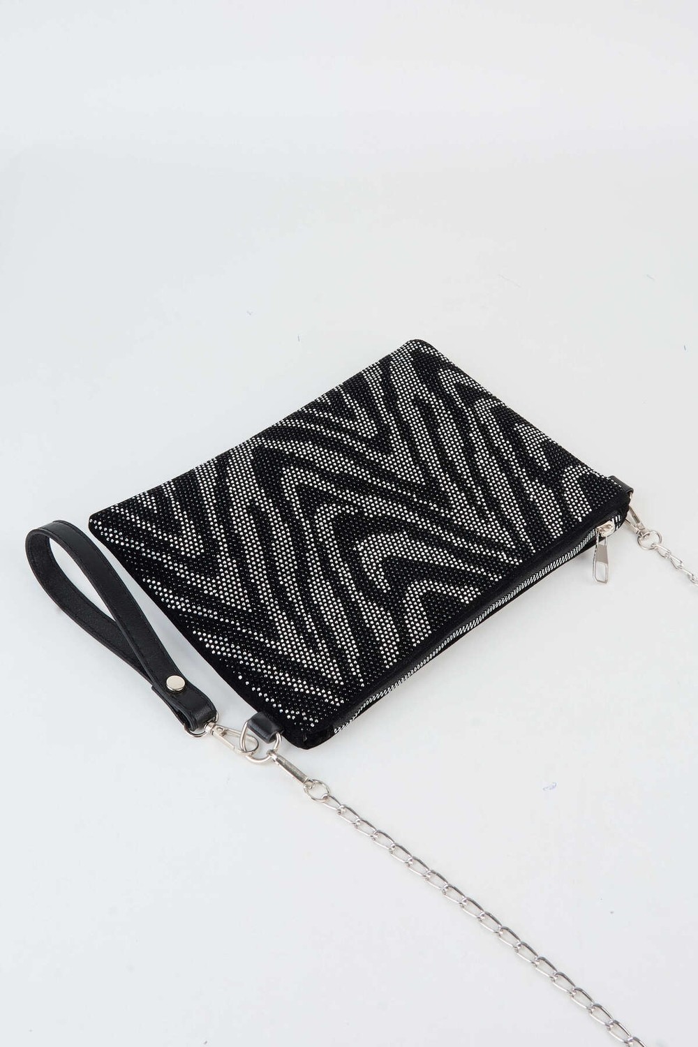 Vivaq Kadın Zikzak Gümüş Taşlı Süet Bilek Askılı ve Zincir Askılı Portföy El ve Clutch Çanta görsel 2