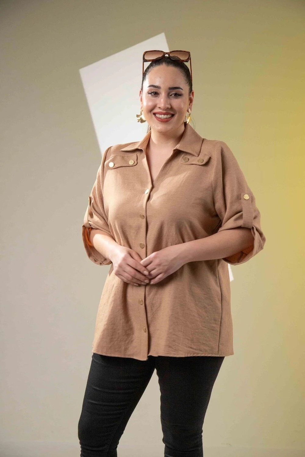 Roxxlen 3330315 Keten Gömlek Camel