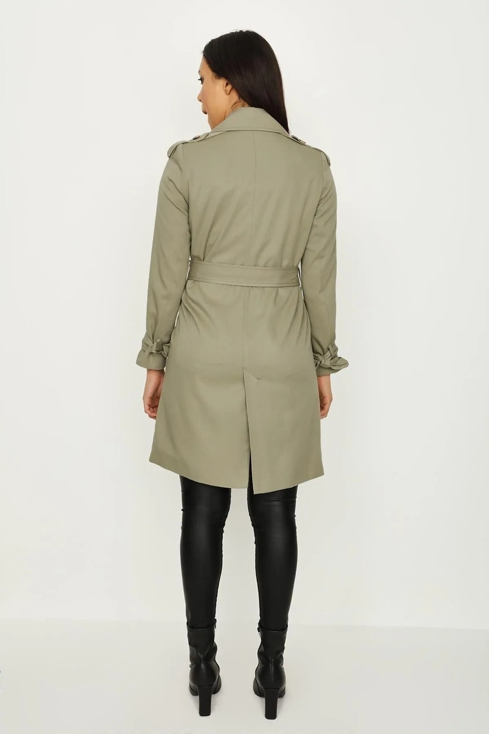 Select Moda Kadın Select Moda Uzun Trençkot Kahverengi Kol Detaylı %100 Polyester Malzeme ile Şık Tasarım görsel 7