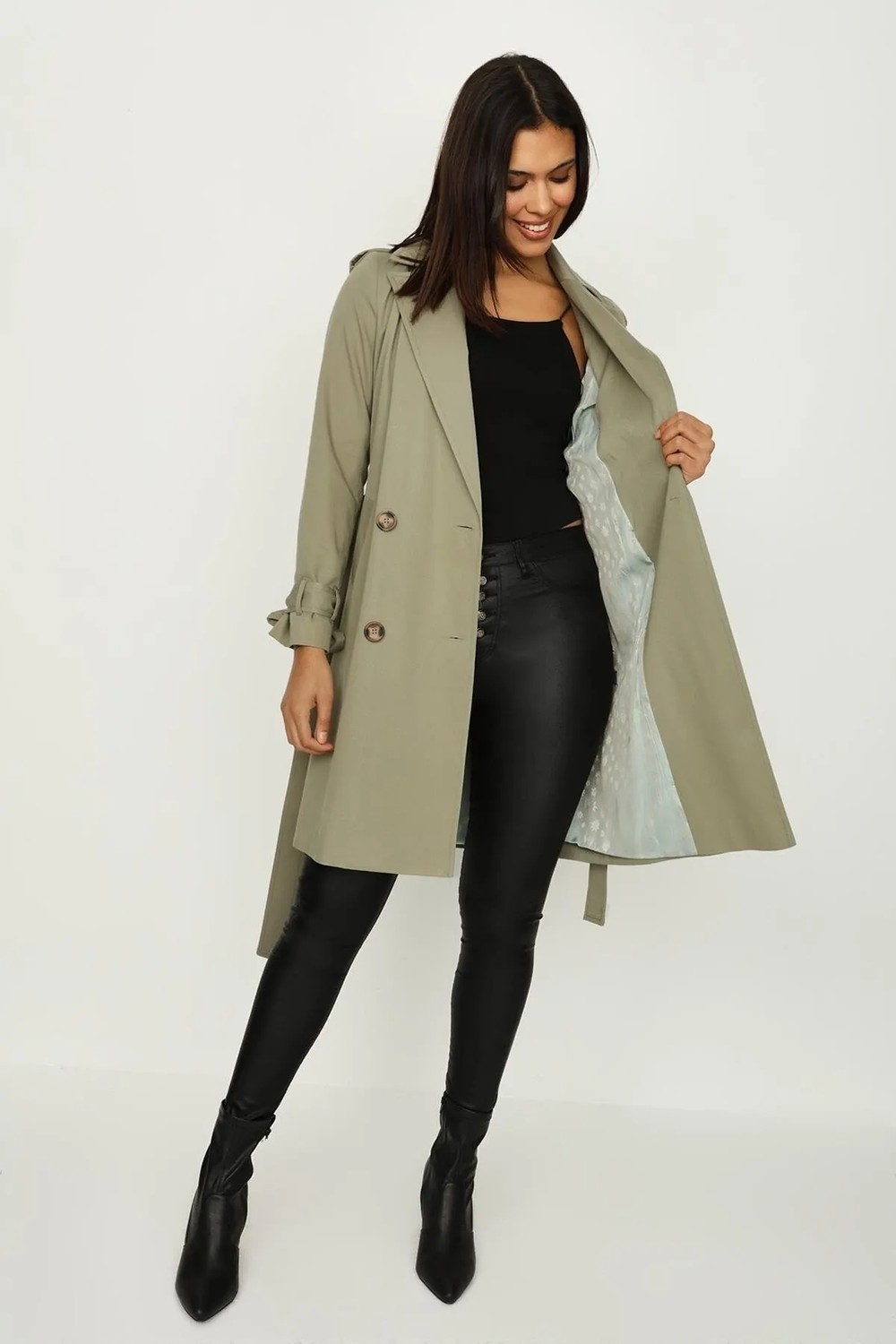 Select Moda Kadın Select Moda Uzun Trençkot Kahverengi Kol Detaylı %100 Polyester Malzeme ile Şık Tasarım görsel 8