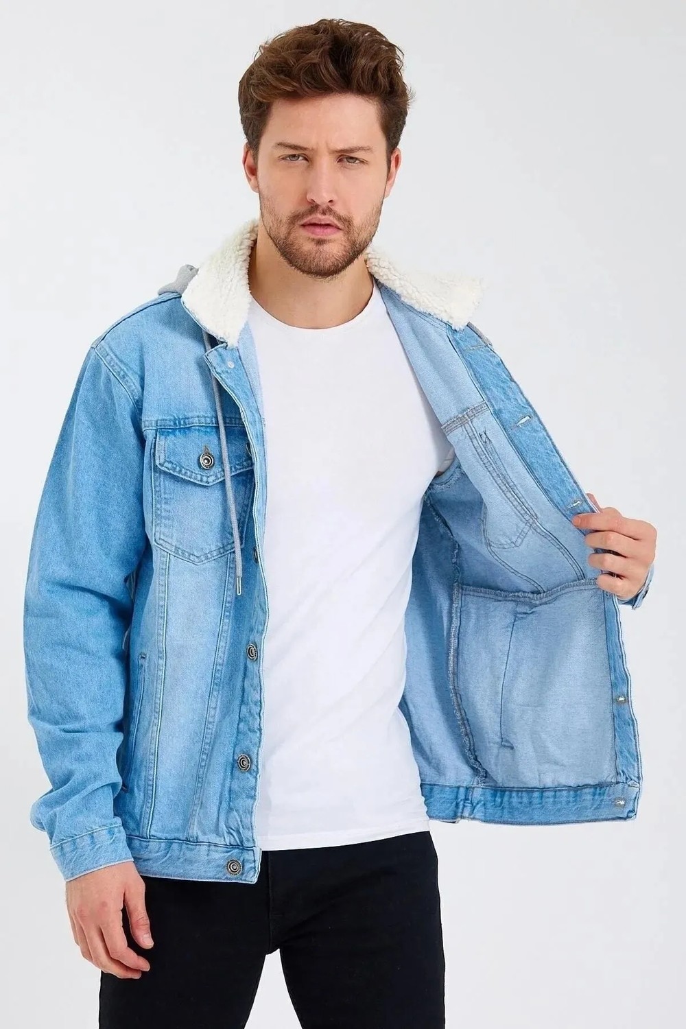 Damga Erkek Denim Günlük Kapşonlu Gri Kot Ceket görsel 5