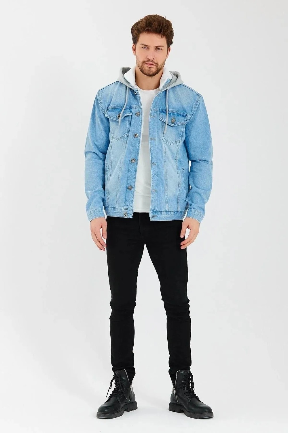 Damga Erkek Denim Günlük Kapşonlu Gri Kot Ceket görsel 8