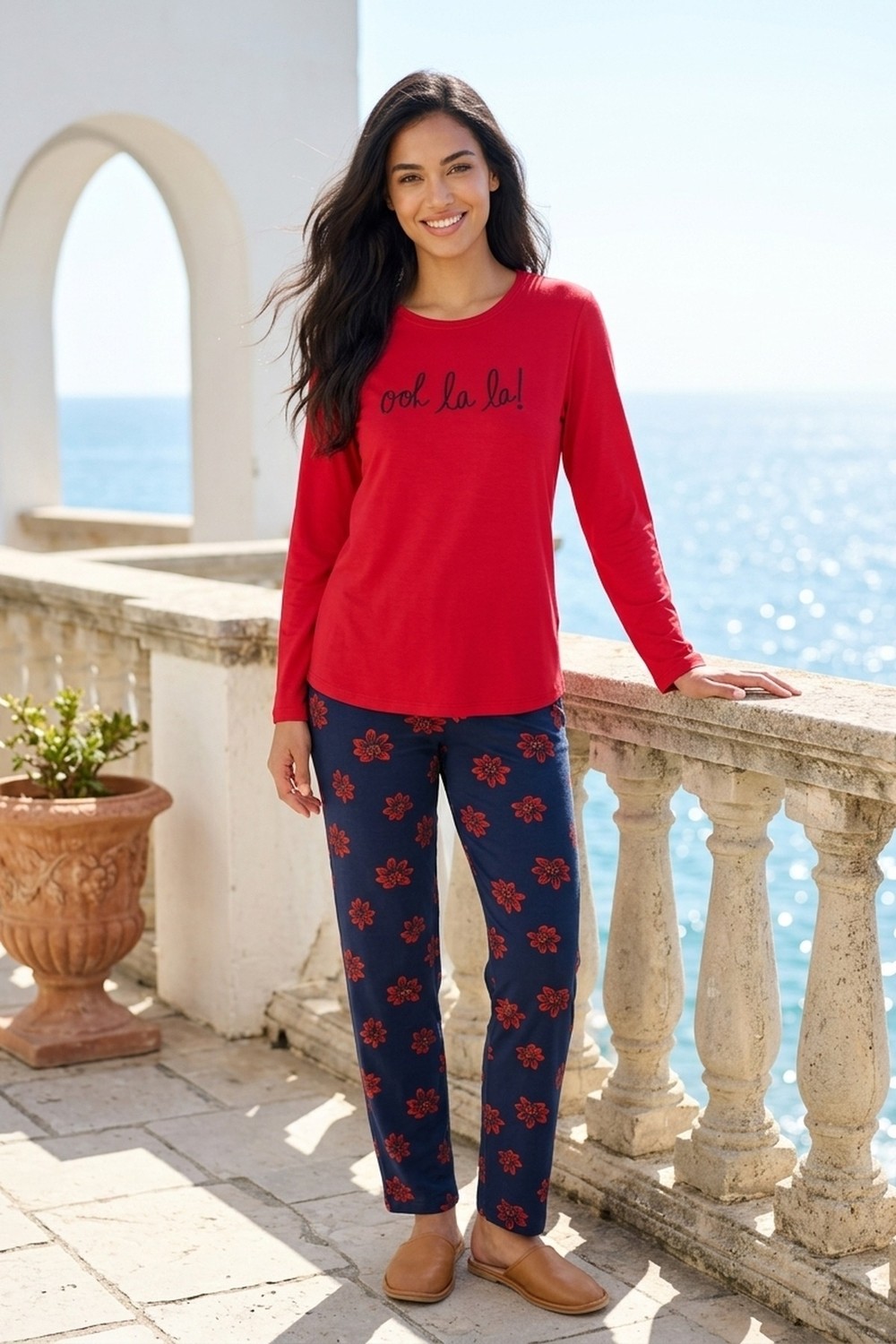 Mataş Kadın Desenli Bambu Viskon Uzun Kollu Soft Örme Mevsimlik Yumuşak Pijama Takımı