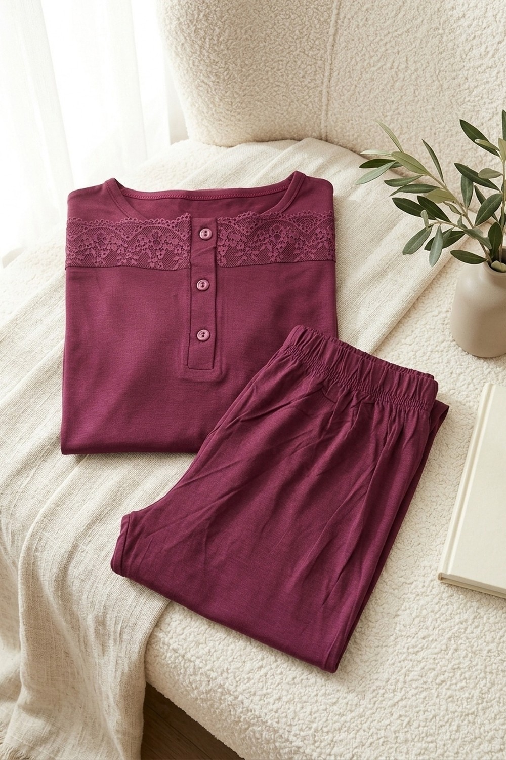 Mataş Kadın Dantelli Bambu Viskon Uzun Kollu Mevsimlik Soft Örme Yumuşak Pijama Takımı görsel 4