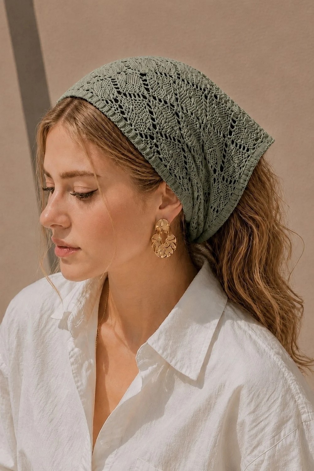 Irmak Kerekli Kadın Pamuklu Yumuşak Dokulu Delikli Triko Bandana 7011 Bej