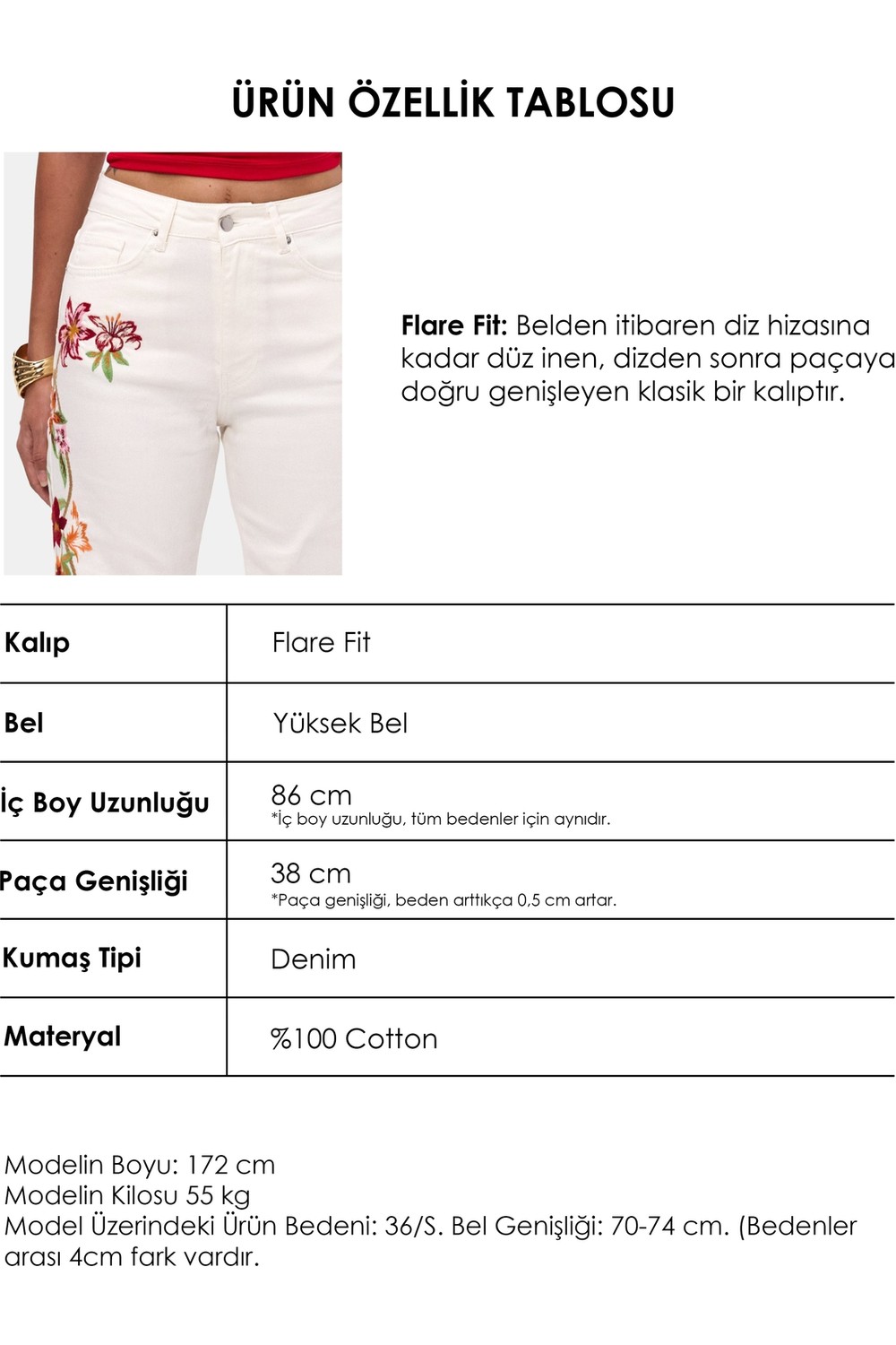 It's Basic Kadın T.Kot Rengi 4s6-32 Flare Fit Elastan Kumaş Özel Nakış Detaylı Tasarım Denim Jean görsel 6