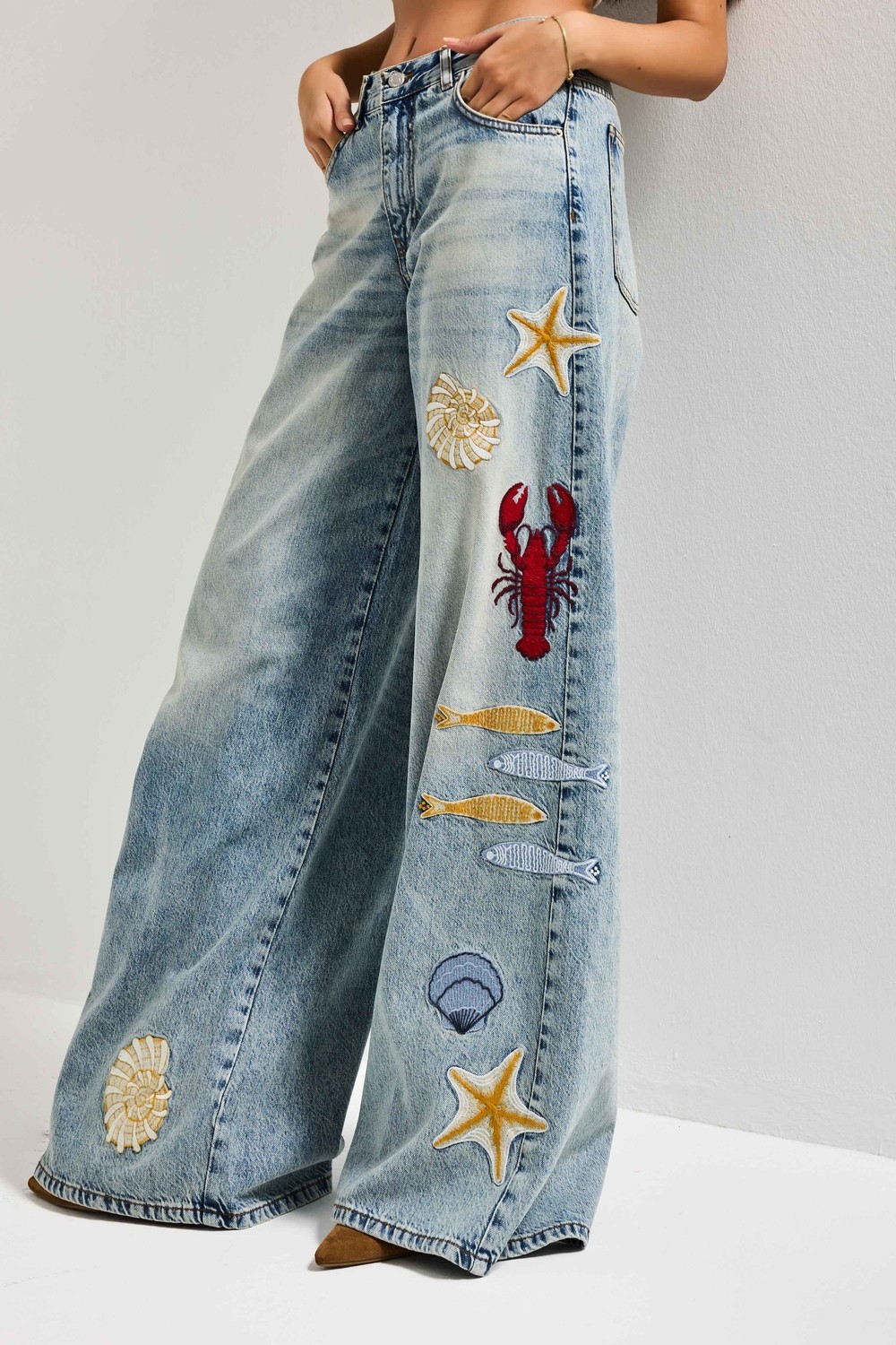 It's Basic Kadın Kot Rengi 4s6-32 Palazzo Fit Deniz Dünyası Nakışlı Özel Tasarım Denim Jean
