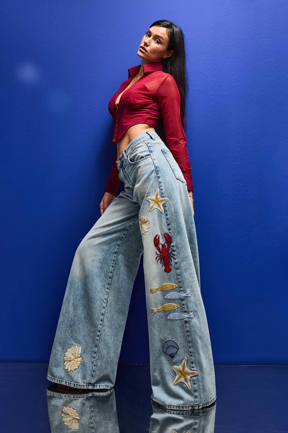 It's Basic Kadın Kot Rengi 4s6-32 Palazzo Fit Deniz Dünyası Nakışlı Özel Tasarım Denim Jean görsel 2