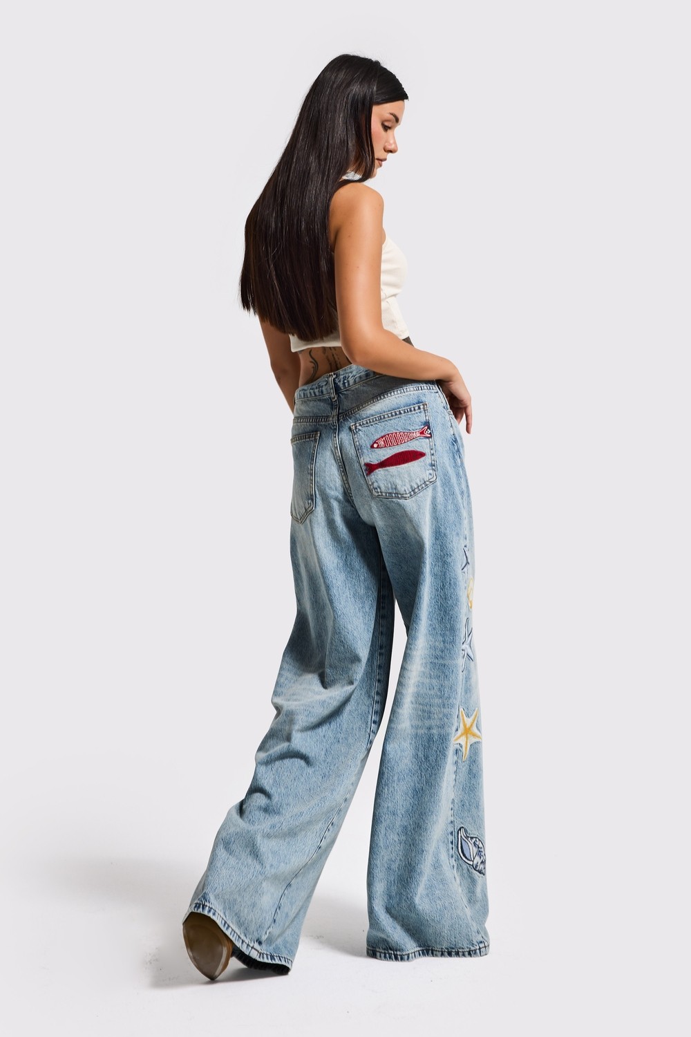 It's Basic Kadın Kot Rengi 4s6-32 Palazzo Fit Deniz Dünyası Nakışlı Özel Tasarım Denim Jean görsel 4