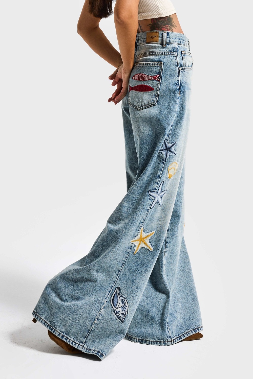 It's Basic Kadın Kot Rengi 4s6-32 Palazzo Fit Deniz Dünyası Nakışlı Özel Tasarım Denim Jean görsel 5