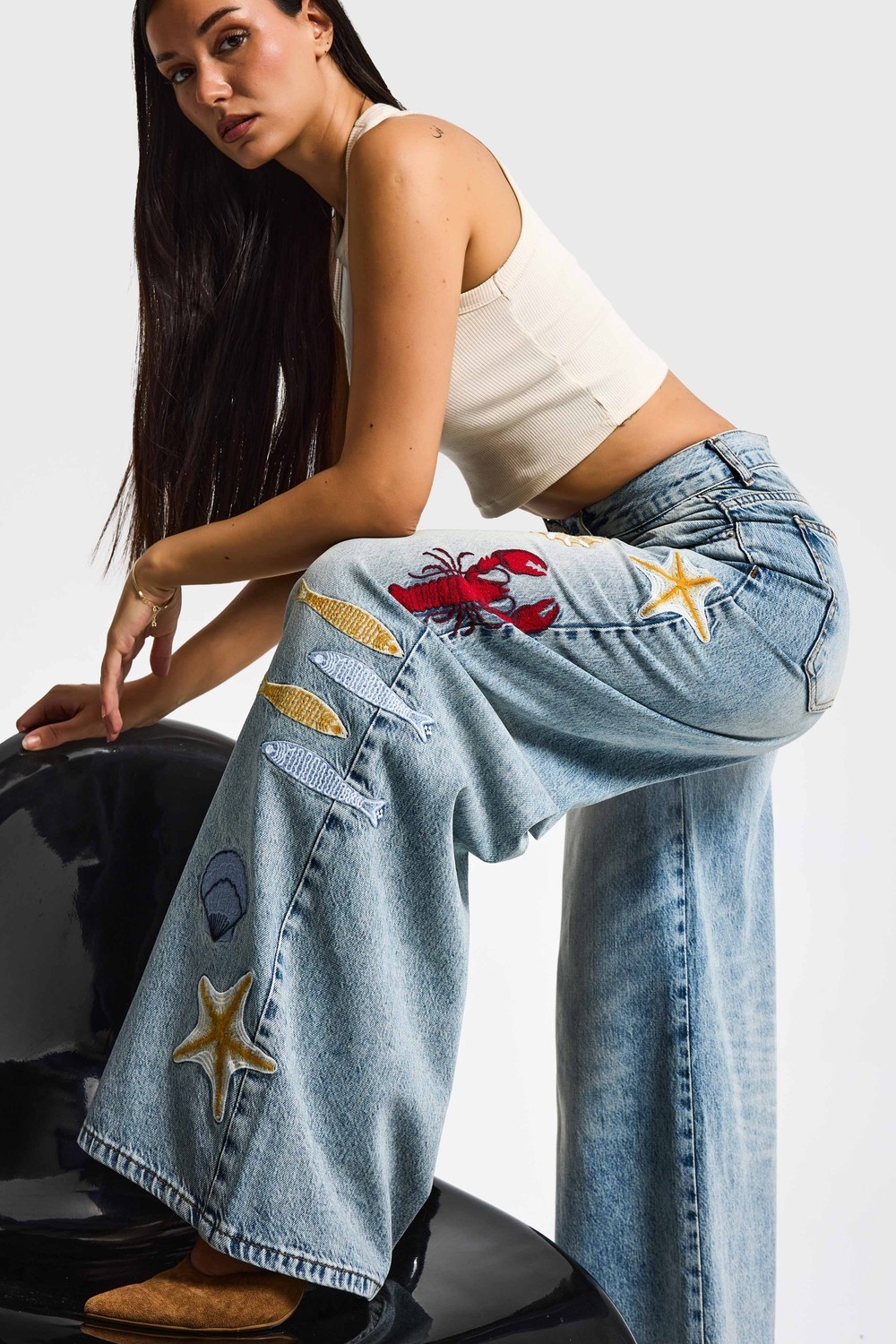 It's Basic Kadın Kot Rengi 4s6-32 Palazzo Fit Deniz Dünyası Nakışlı Özel Tasarım Denim Jean görsel 6