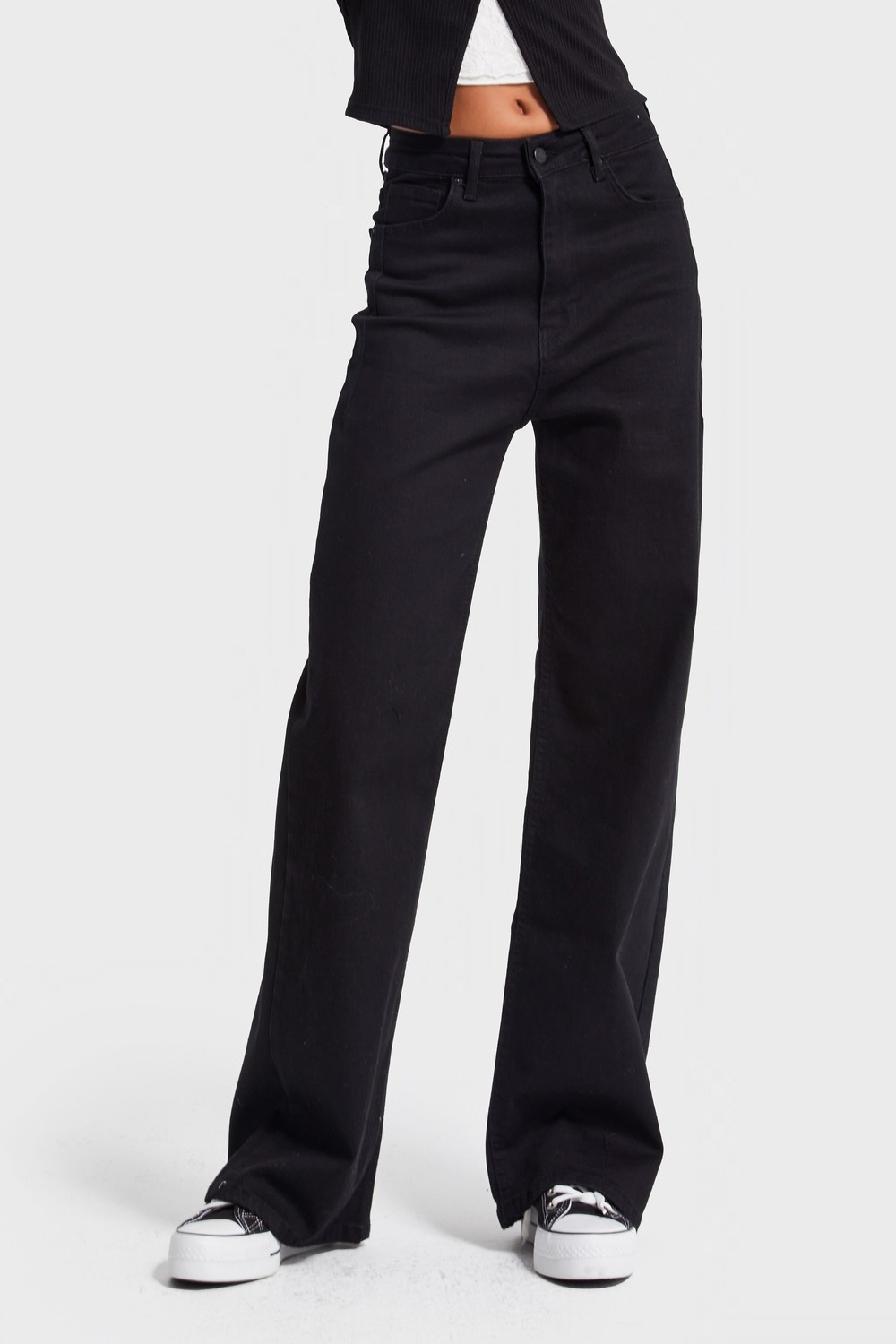 It's Basic Kadın Siyah Renk 1w5-1 Esnek Likralı Kumaş Wide Leg Fit İç Boy 80cm Denim Jean