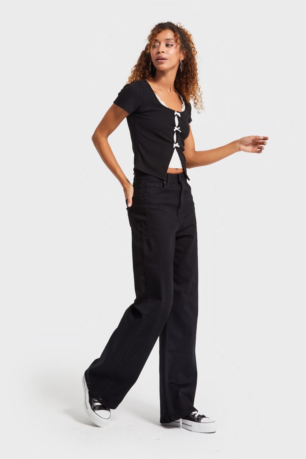 It's Basic Kadın Siyah Renk 1w5-1 Esnek Likralı Kumaş Wide Leg Fit İç Boy 80cm Denim Jean görsel 4