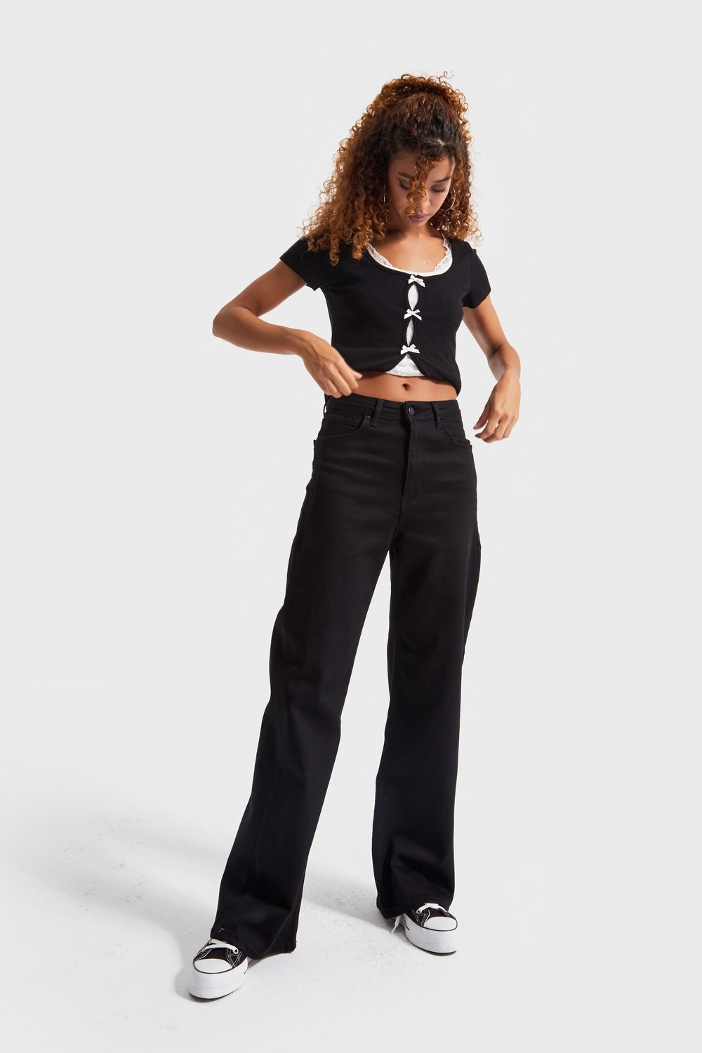 It's Basic Kadın Siyah Renk 1w5-1 Esnek Likralı Kumaş Wide Leg Fit İç Boy 80cm Denim Jean görsel 5