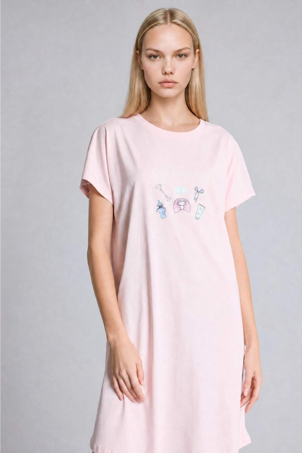 DeFacto %100 Pamuk Regular Fit Bisiklet Yaka Kısa Kollu Açık Pembe Gecelik H6940AX26SM görsel 2