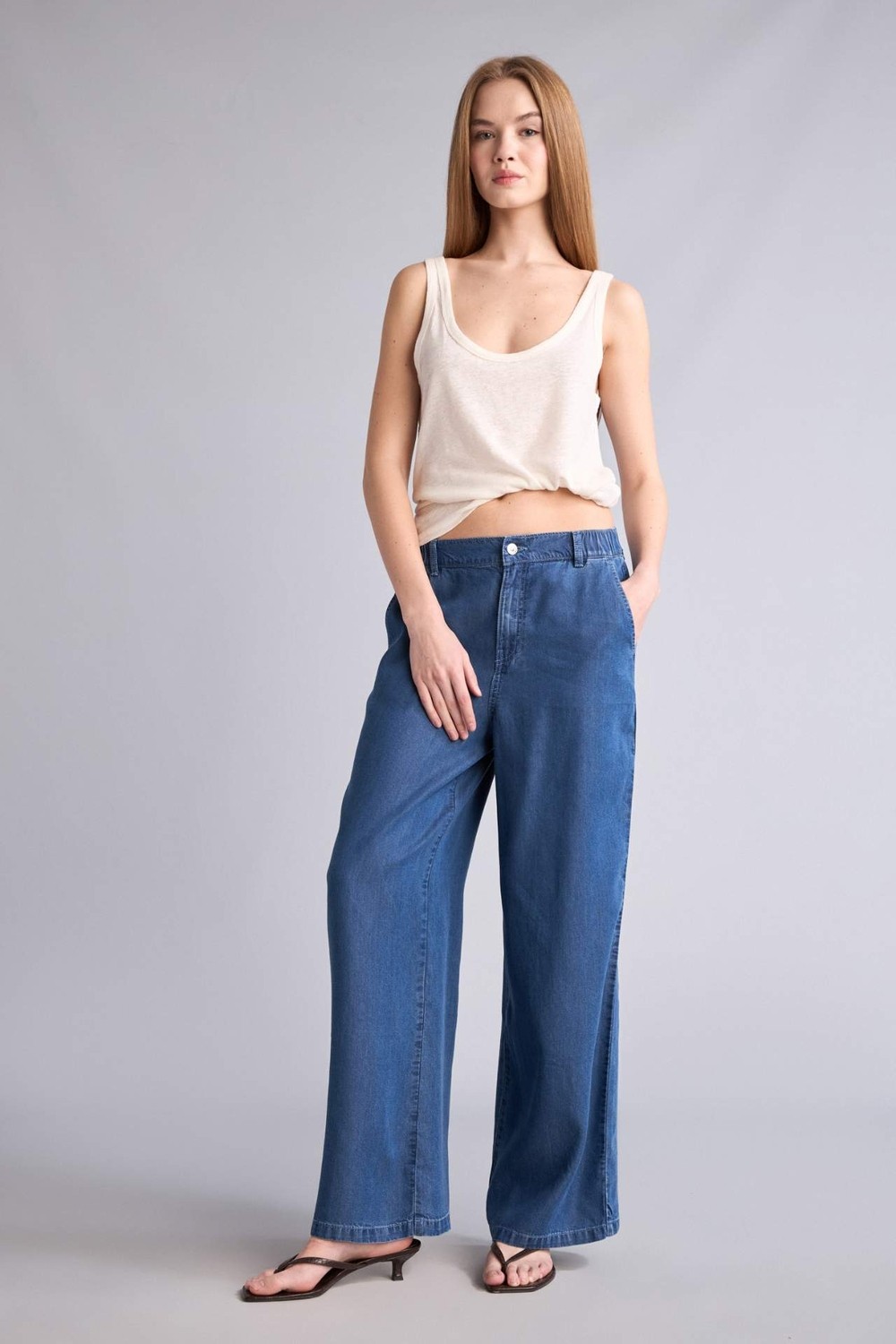 DeFacto Wide Leg Yüksek Bel Uzun Akışkan Kumaş Yıkama Efektli Jean Pantolon D8239AX26HS görsel 2