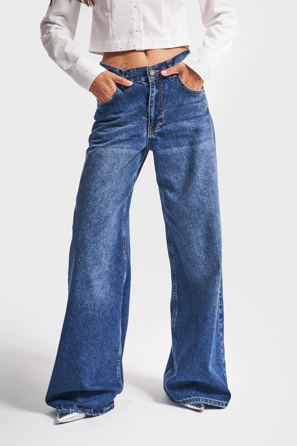 It's Basic Kadın Kırık Beyaz Hera 7s6-101 Palazzo Fit %100 Koton Denim Jean görsel 8