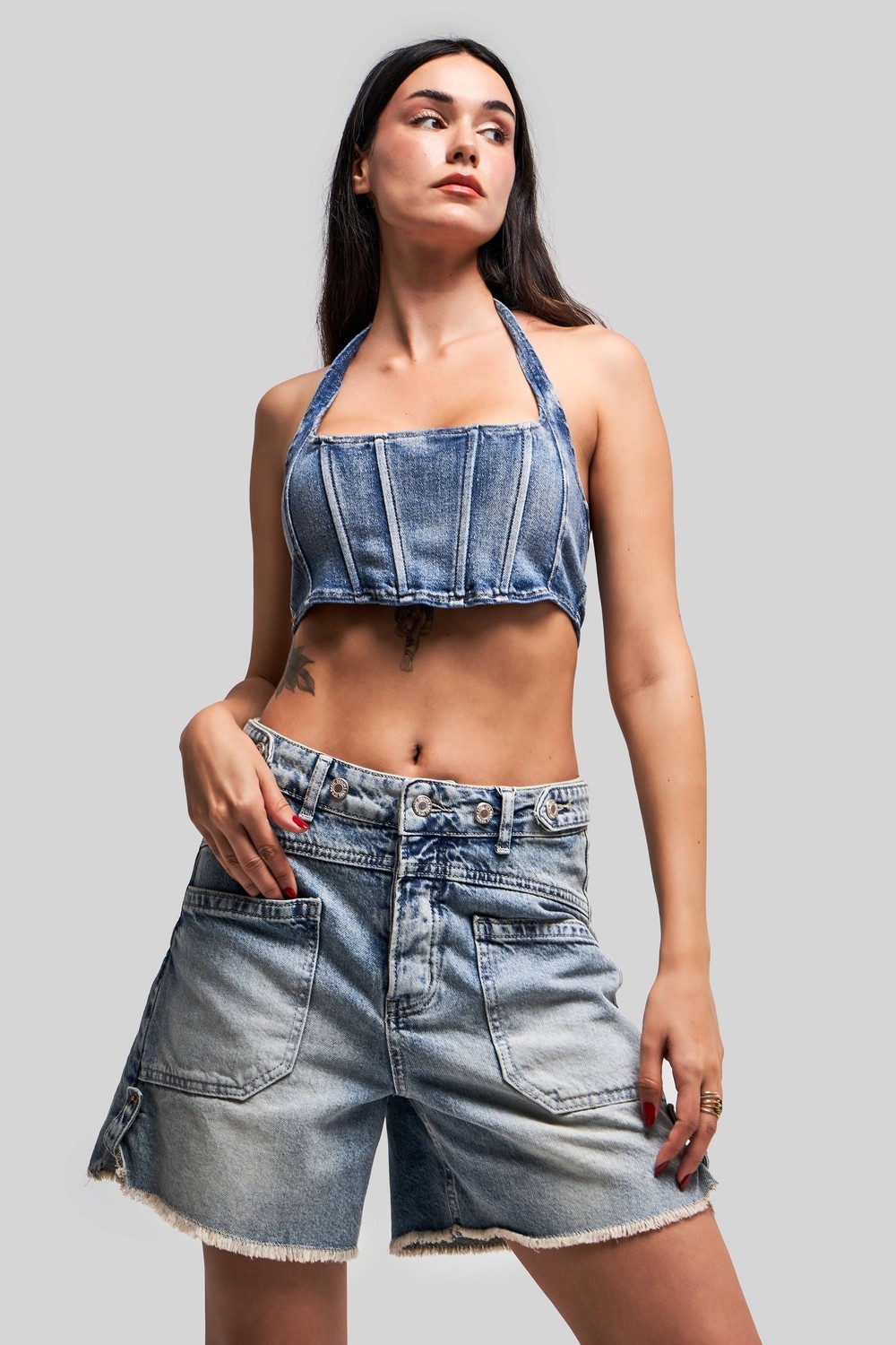 It's Basic Kadın Tint Kot Rengi Kemer Detaylı Önden Cepli Denim Şort