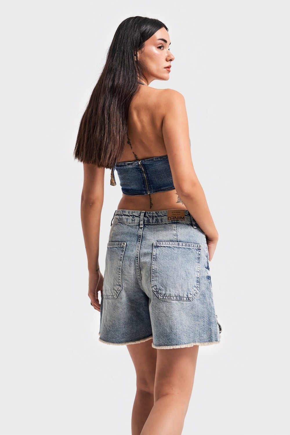 It's Basic Kadın Tint Kot Rengi Kemer Detaylı Önden Cepli Denim Şort görsel 5