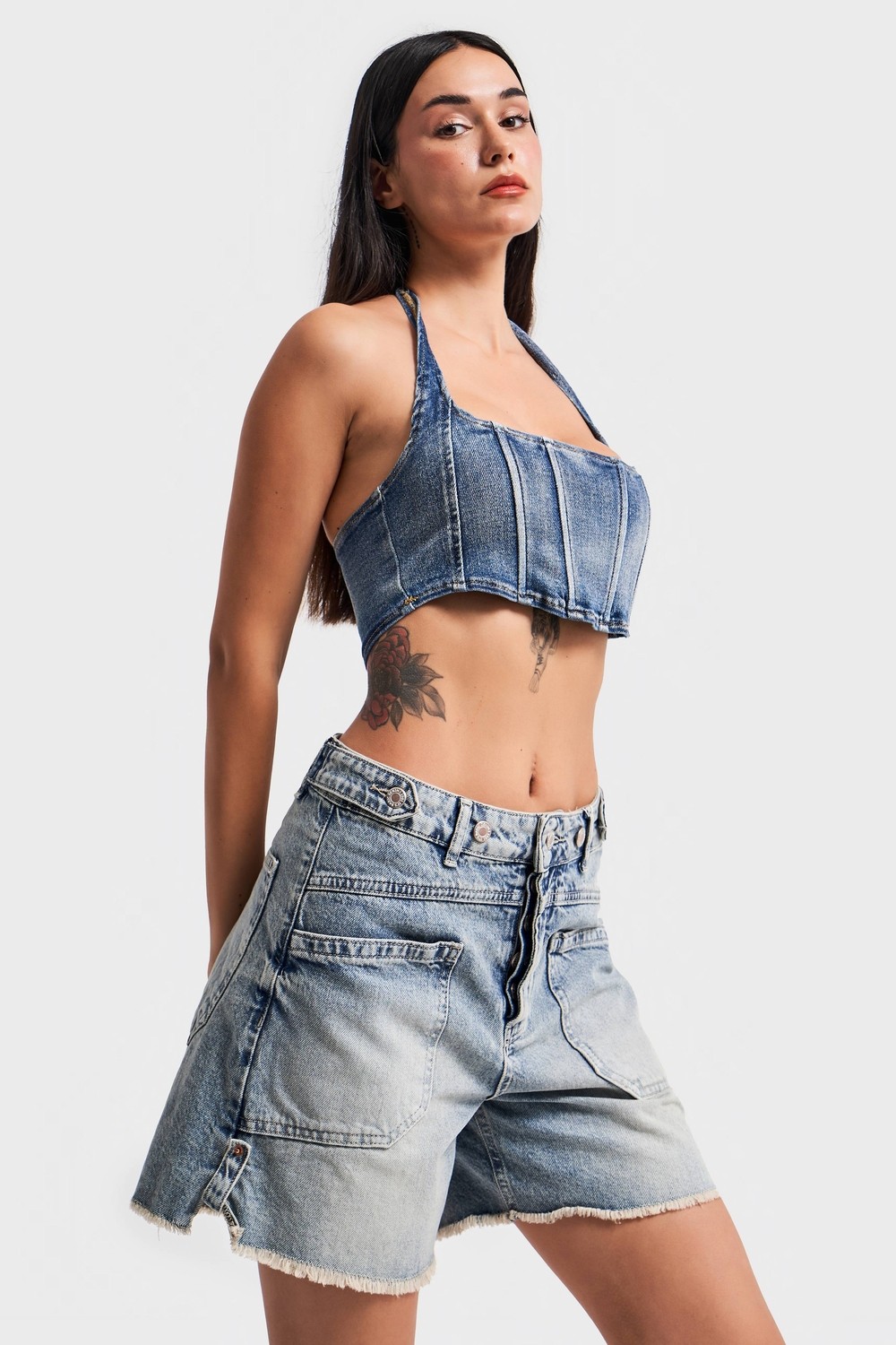 It's Basic Kadın Tint Kot Rengi Kemer Detaylı Önden Cepli Denim Şort görsel 6