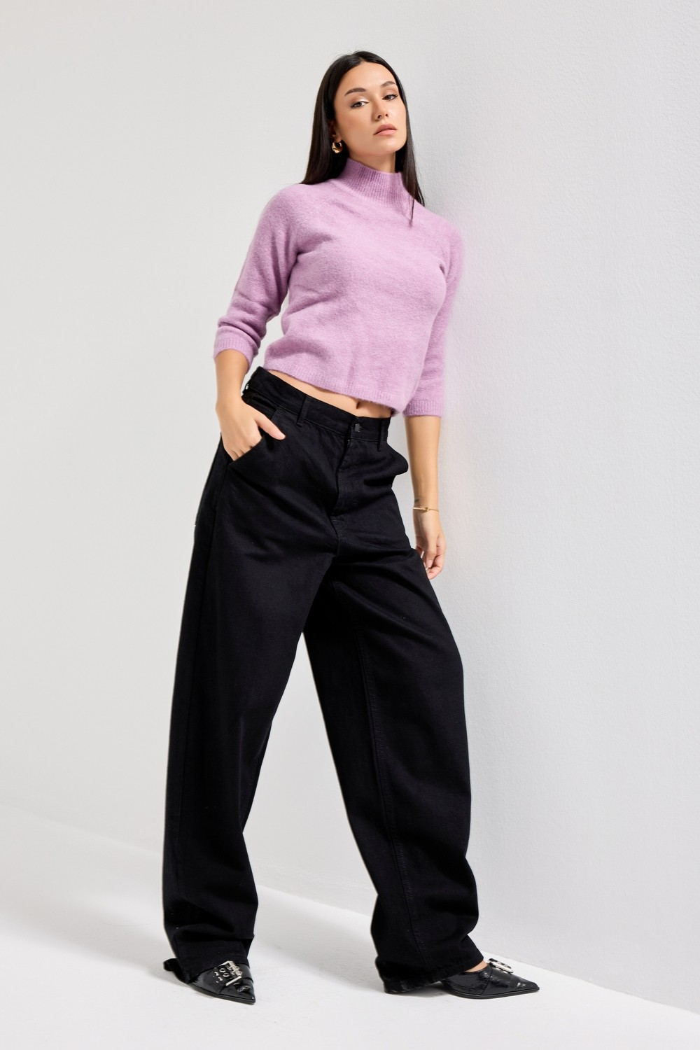 It's Basic Kadın Siyah Black Od Renk Juniper Skater Fit Bol Kesim Denim Pantolon görsel 5