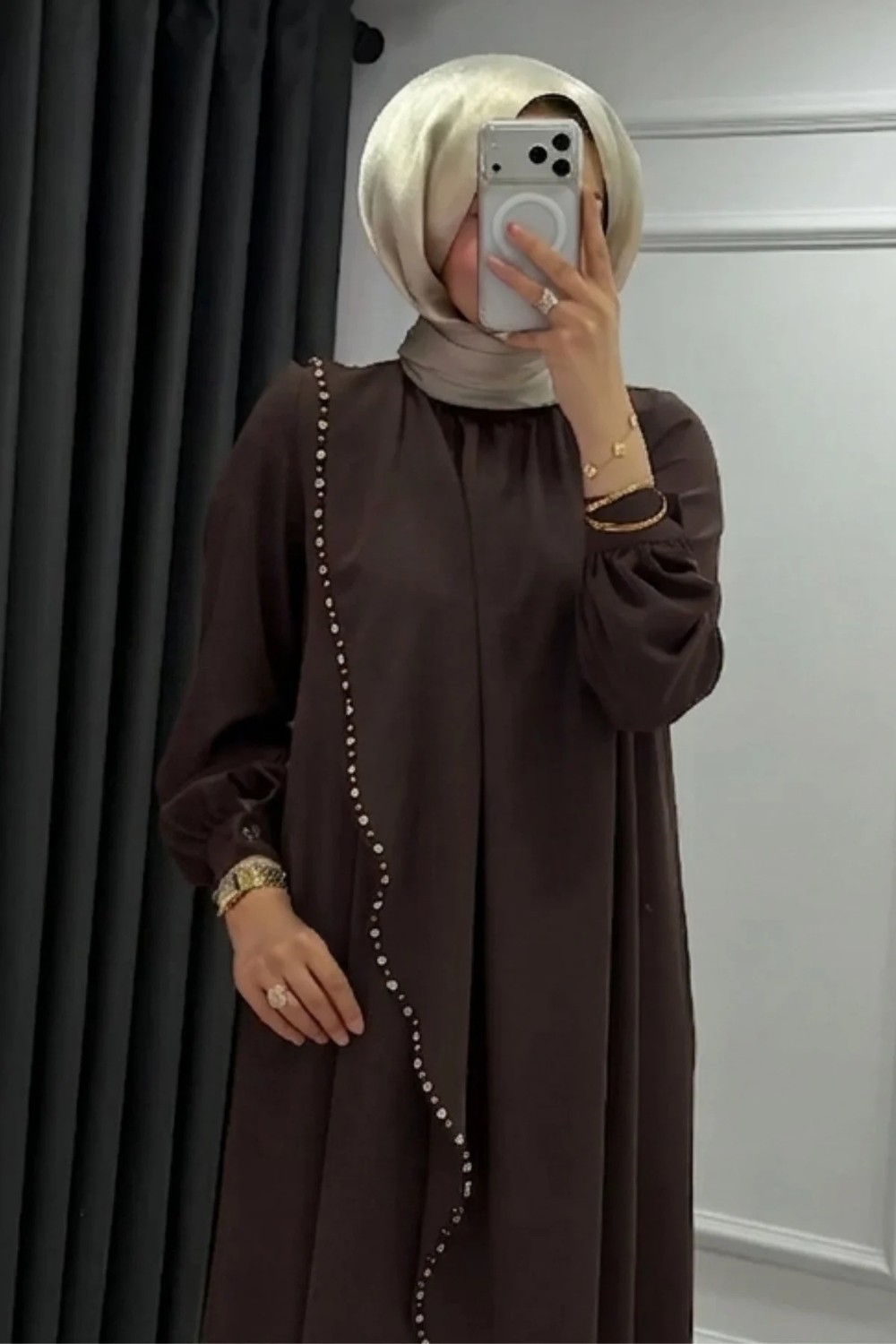 Abiye Diyarı Krep Kumaş Kenarları Taş Işlemeli Nazende Elbise- Şeker Pembe görsel 8