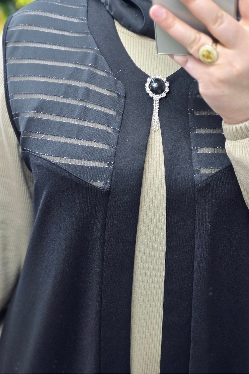 Elmas Tesettür Kadın Giyim Büyük Beden Bronşlu Trasparan Taşlı Uzun Yelek görsel 2