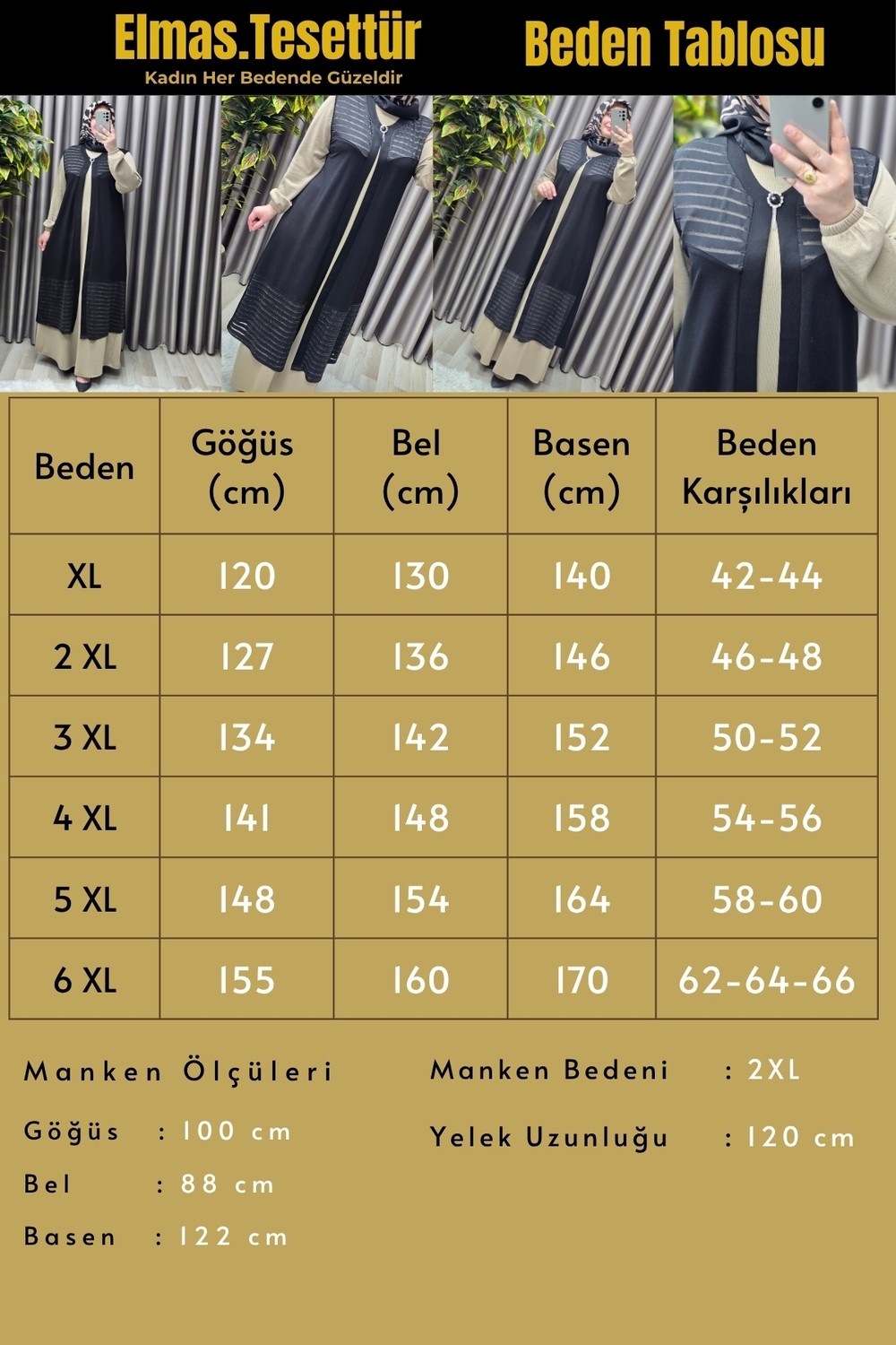 Elmas Tesettür Kadın Giyim Büyük Beden Bronşlu Trasparan Taşlı Uzun Yelek görsel 3