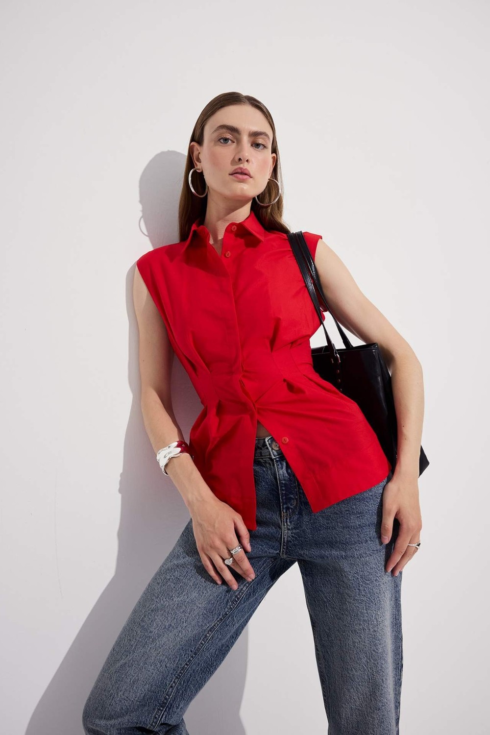 DeFacto %100 Pamuk Fitted Poplin Kolsuz Kırmızı Gömlek I3909AX26HS