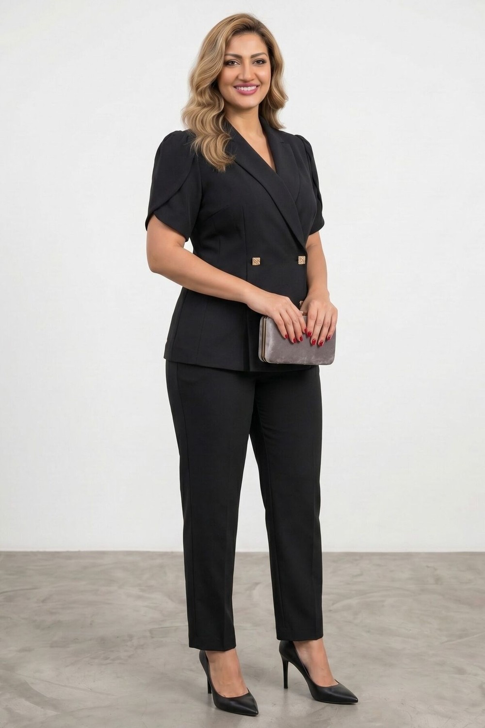 Zishan Fashion Kadın Büyük Beden Likralı Viskon Abiye Takım Kruvaze Ceket Pantolon 2'li Set 034 görsel 4
