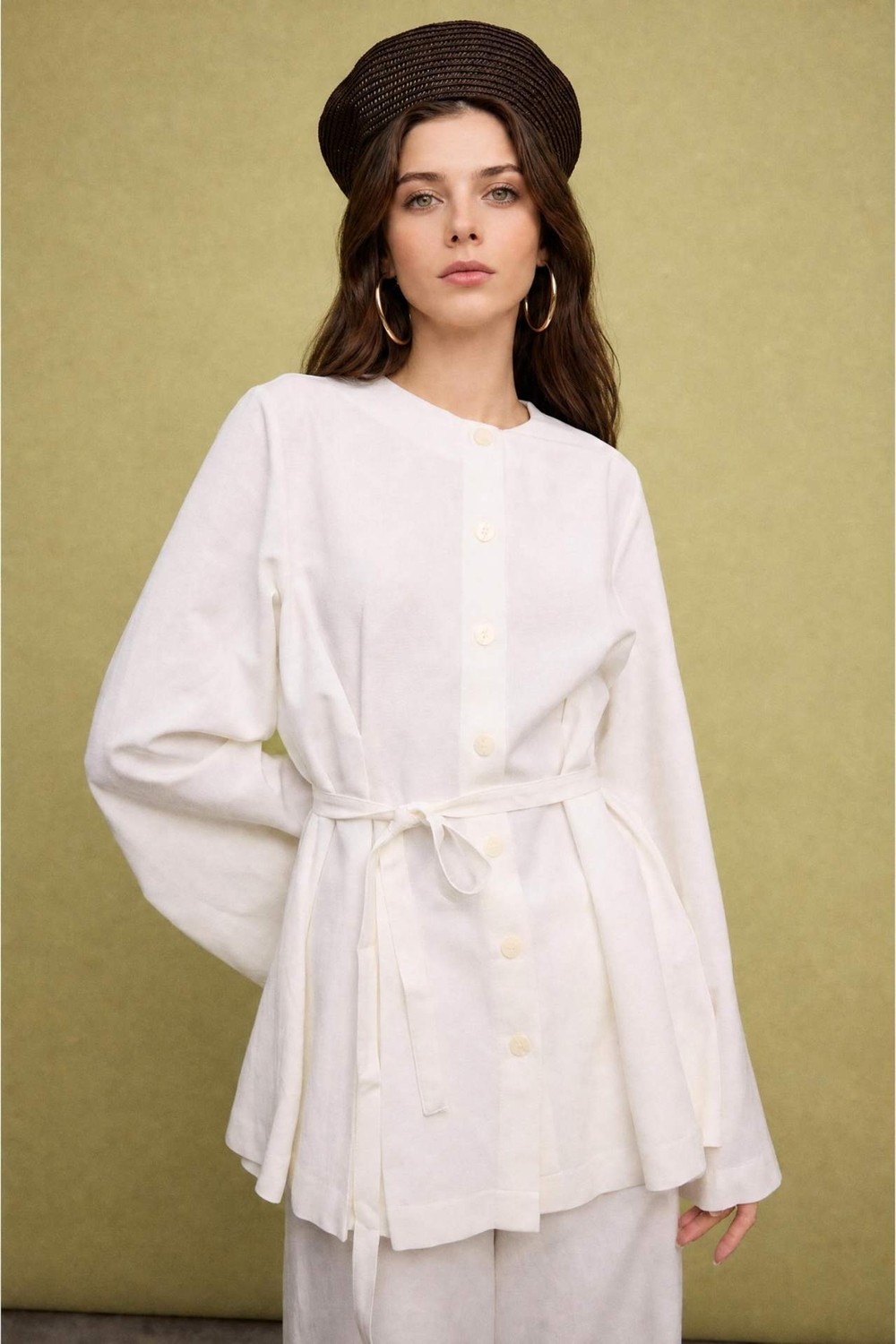 DeFacto Regular Fit Ekru Pamuklu Keten Karışımlı Uzun Kollu Ekru Tunik H8907AX26AU görsel 4
