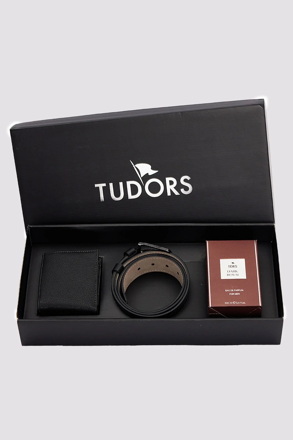 Tudors Özel Kutulu Erkek 3'lü Set Hediyelik - Çeyizlik-Parfüm,Cüzdan Ve Kemer Seti