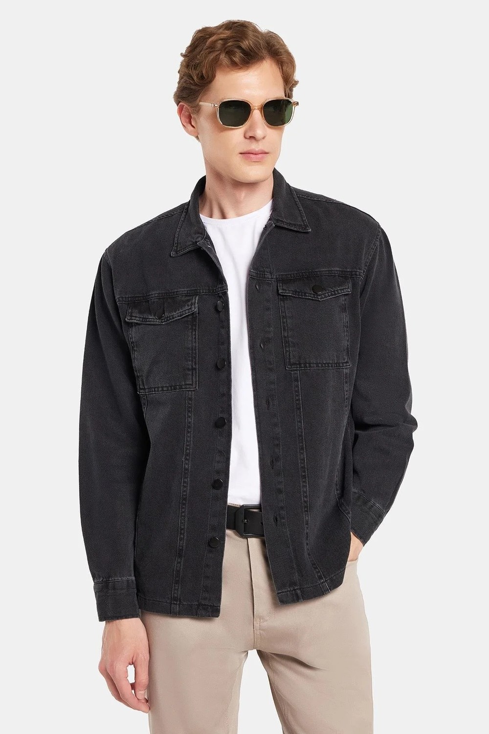Tudors Erkek Relax Fit Rahat Kesim Denim Çıtçıtlı Uzun Kol Kot Ceket Siyah Gömlek