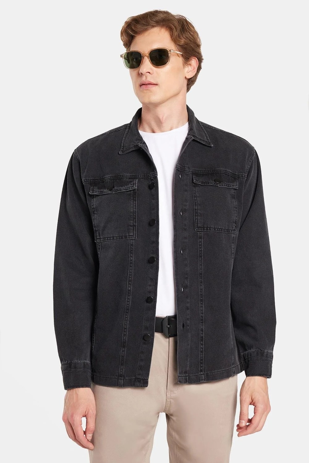 Tudors Erkek Relax Fit Rahat Kesim Denim Çıtçıtlı Uzun Kol Kot Ceket Siyah Gömlek görsel 4