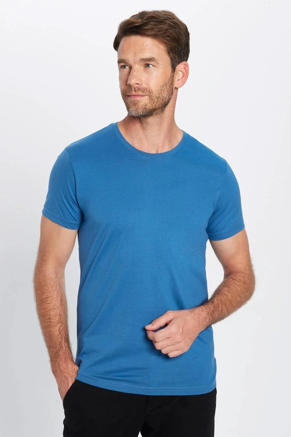 Tudors Unisex 5'li Pkt Siyah-Beyaz-Lacivert-Vizon-Mavi Slim Fit Dar Kesim %100 Pamuk Bisiklet Yaka Tişört görsel 6