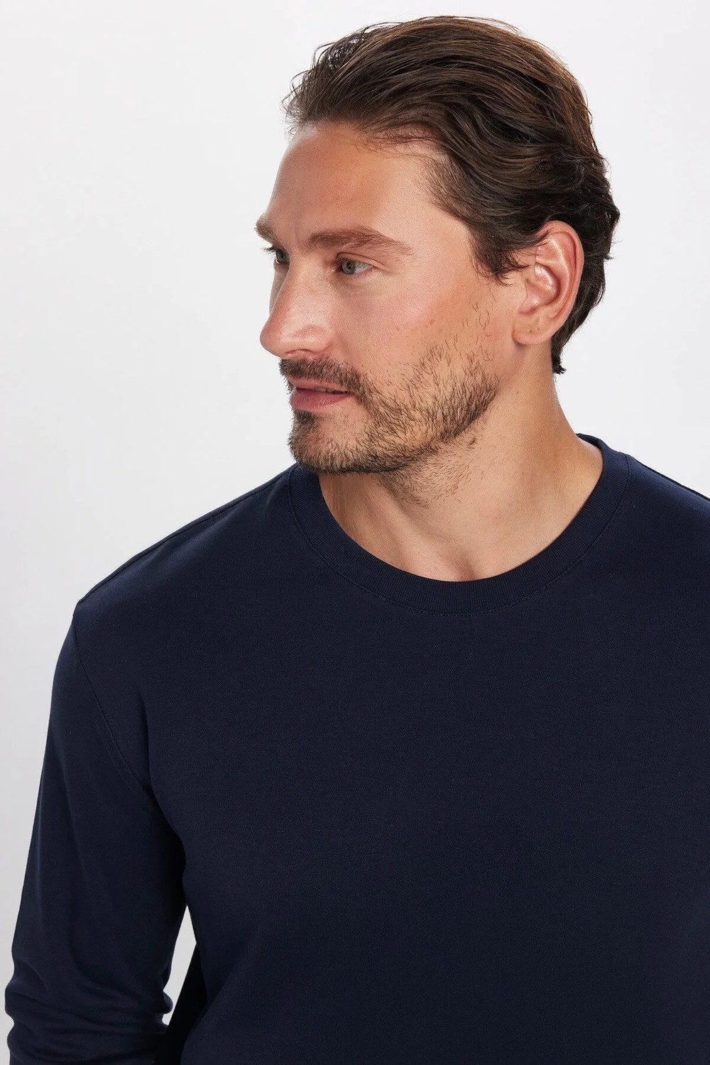 Tudors Unisex Relax Fit Rahat Kesim %100 Pamuk Uzun Kollu Bisiklet Yaka Lacivert Basic Tişört