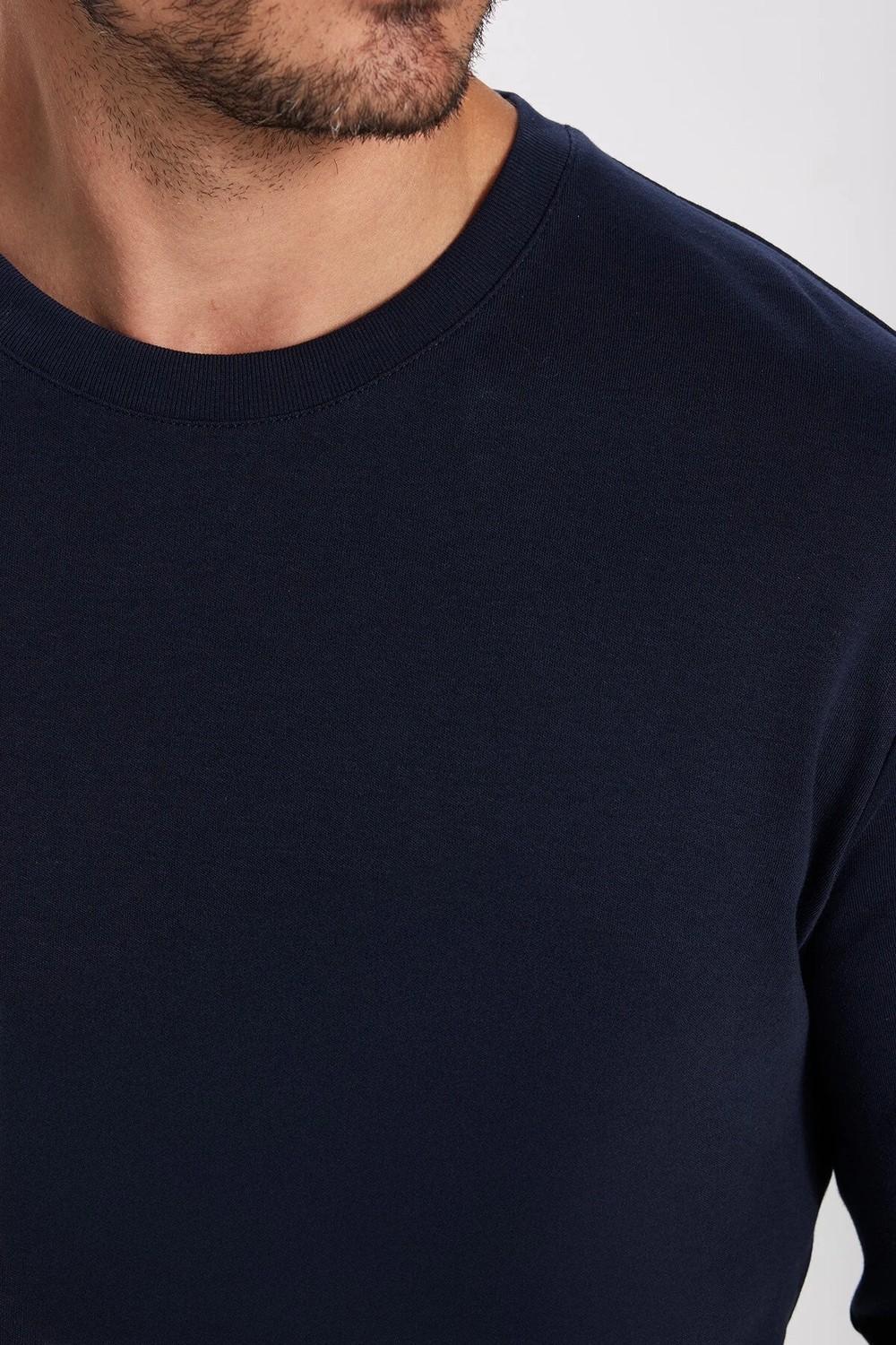 Tudors Unisex Relax Fit Rahat Kesim %100 Pamuk Uzun Kollu Bisiklet Yaka Lacivert Basic Tişört görsel 3