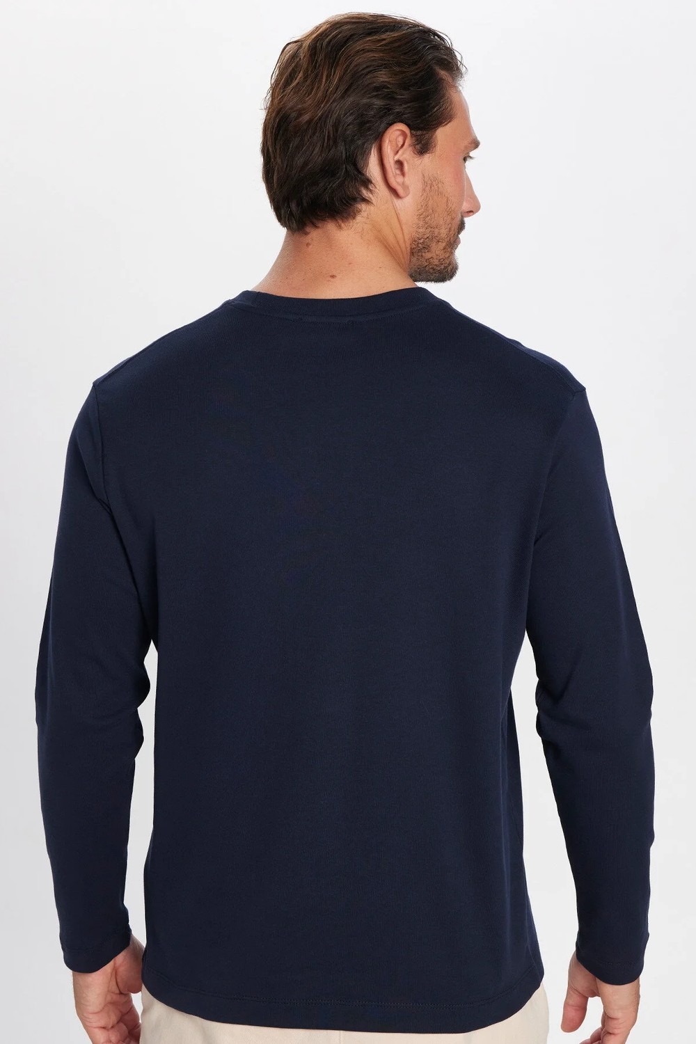 Tudors Unisex Relax Fit Rahat Kesim %100 Pamuk Uzun Kollu Bisiklet Yaka Lacivert Basic Tişört görsel 5