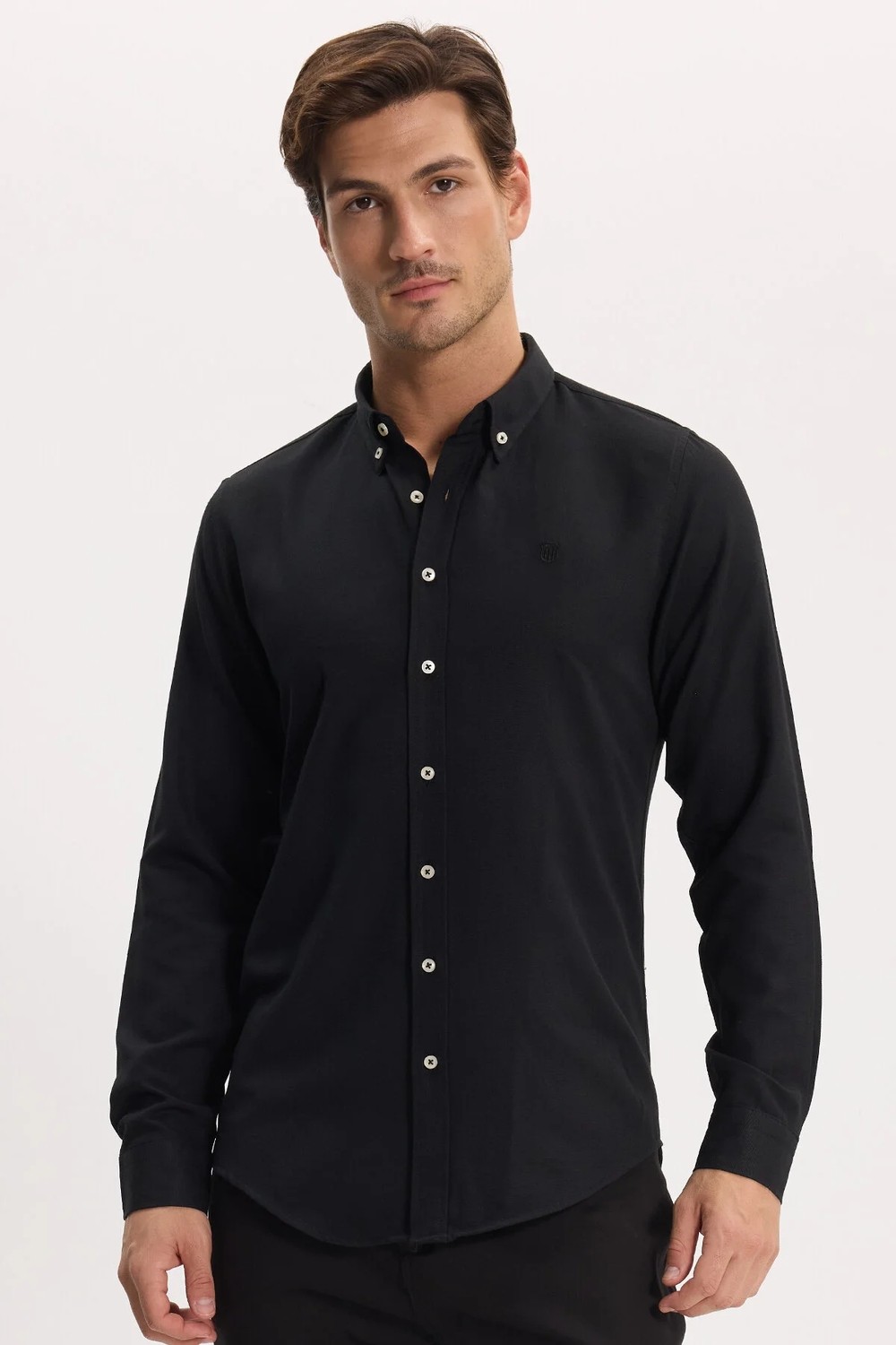 Tudors Erkek Slim Fit Dar Kesim Düz Oxford Armalı Düğmeli Yaka Kahverengi Spor Gömlek