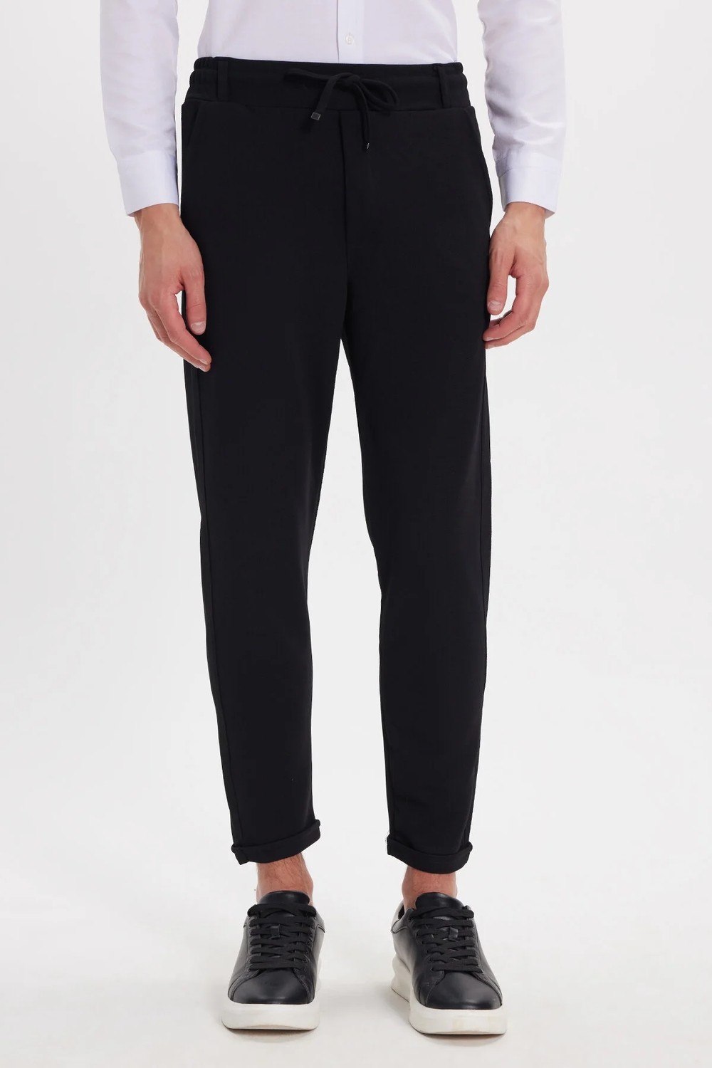 Tudors Erkek Slim Fit Pamuklu Beli Bağlamalı Yan Cepli Katlamalı Paça Jogger Lacivert Pantolon görsel 7