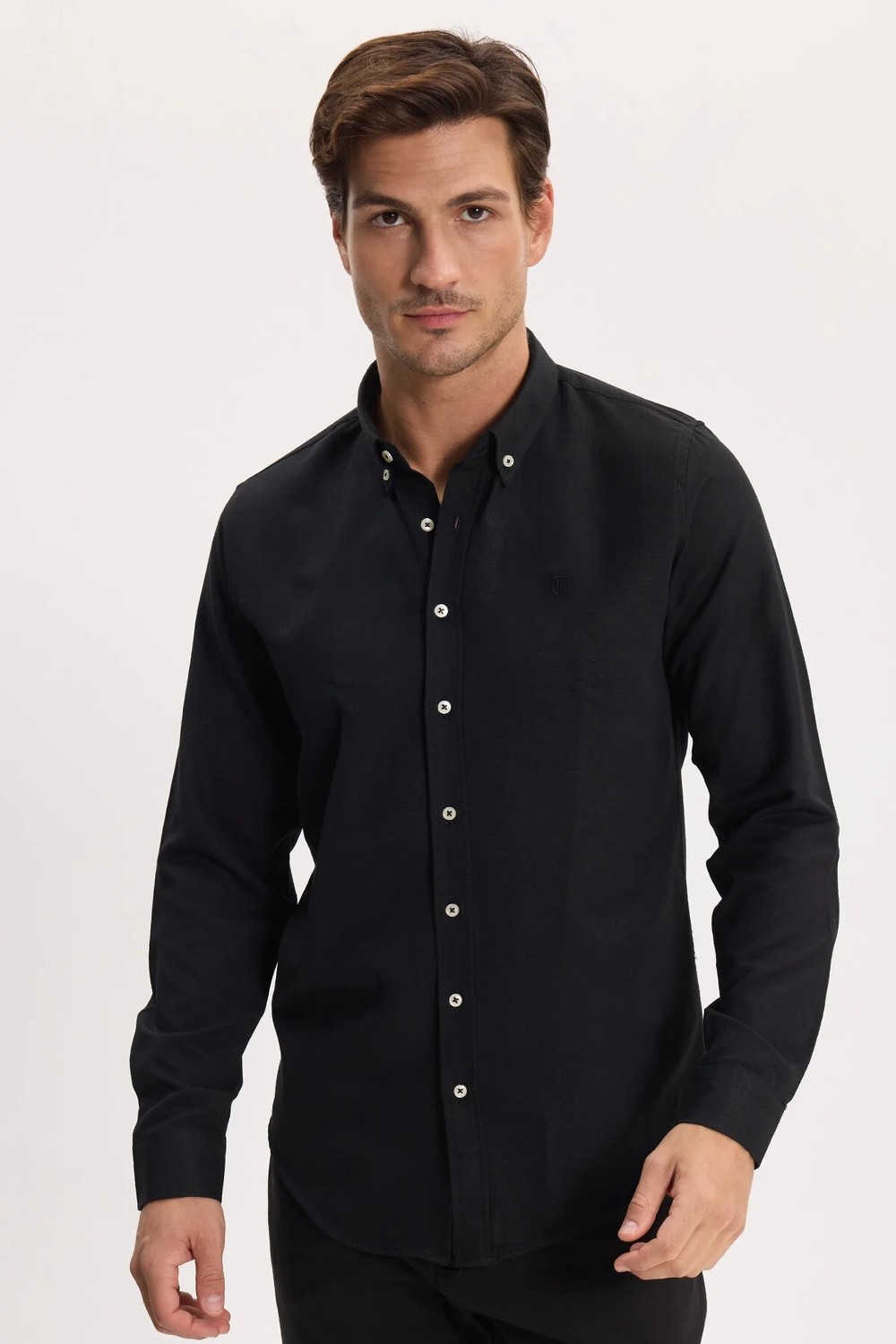 Tudors Erkek Slim Fit Dar Kesim Düz Oxford Armalı Düğmeli Yaka Kahverengi Spor Gömlek görsel 4