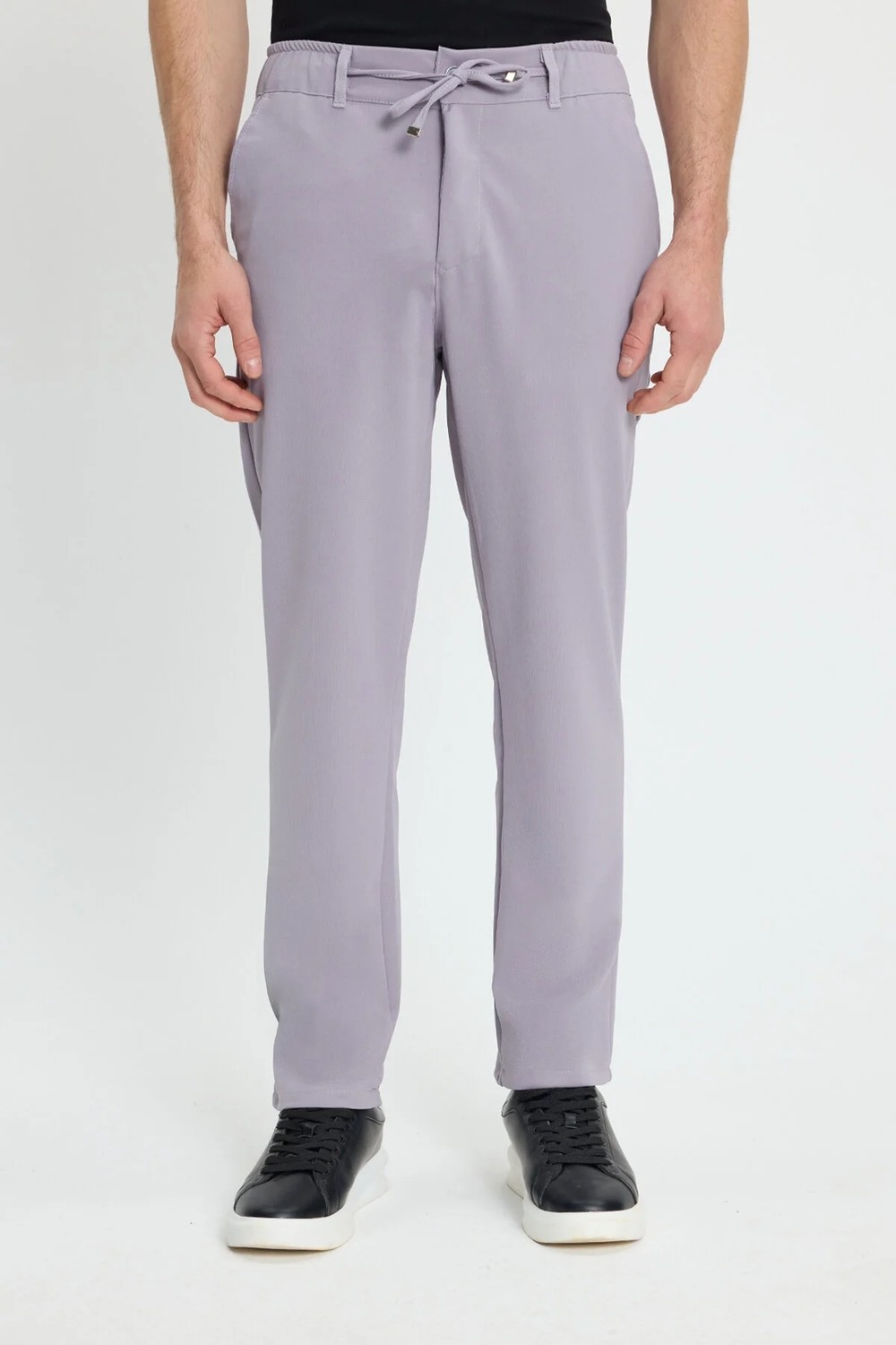 Tudors Erkek Slim Fit Dar Kesim Beli Lastikli Bağcık Detaylı Siyah Pantolon